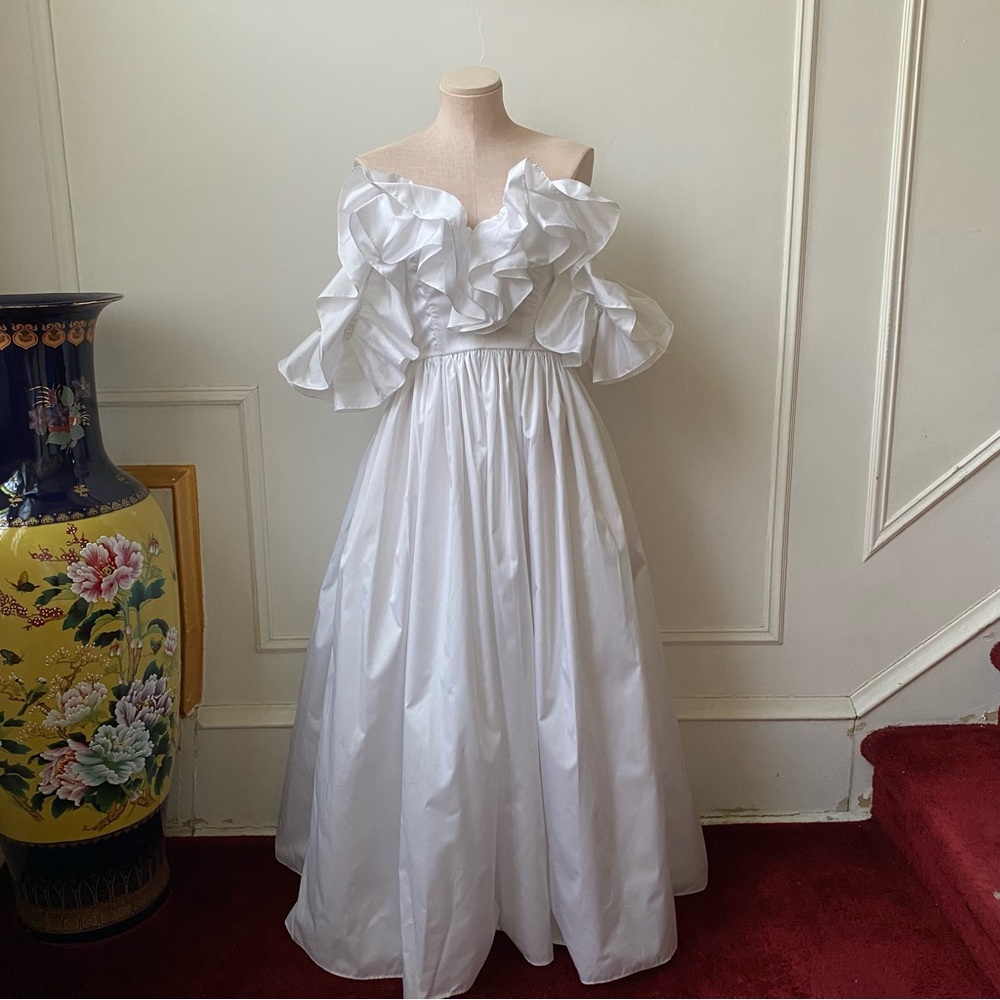 White Off-Shoulder Ruffle Ball Gown Dress